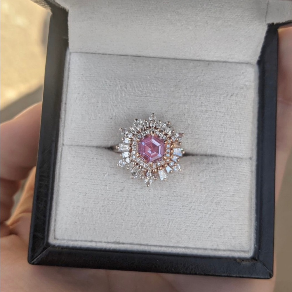 unique step cut bohemian engagement ring w pink peach hexagon morganite center